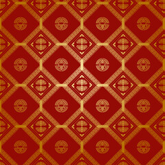 Elegant Red and Gold Geometric Pattern with Traditional Asian Motifs for Backgrounds and Textiles