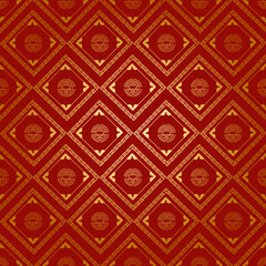 Elegant Red and Gold Geometric Pattern with Traditional Asian Motifs for Textiles and Backgrounds