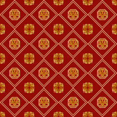 Elegant Red and Gold Geometric Pattern with Traditional Asian Motifs for Textile and Wallpaper Design
