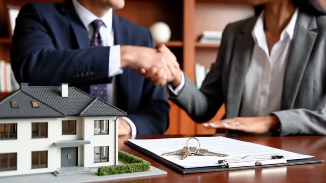 Two Business People Shaking Hands Over Real Estate Contract With Miniature House And Keys On Desk