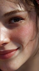 Fototapeta premium Young woman smiling, her face showing natural beauty, with skin highlighting freckles and glowing from the sun, expressing innocence, youth, and happiness in a close up detail