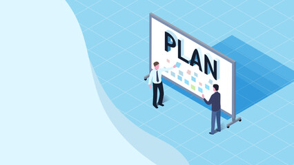 Obraz premium Team Planning on Whiteboard with Sticky Notes – Isometric Business Illustration