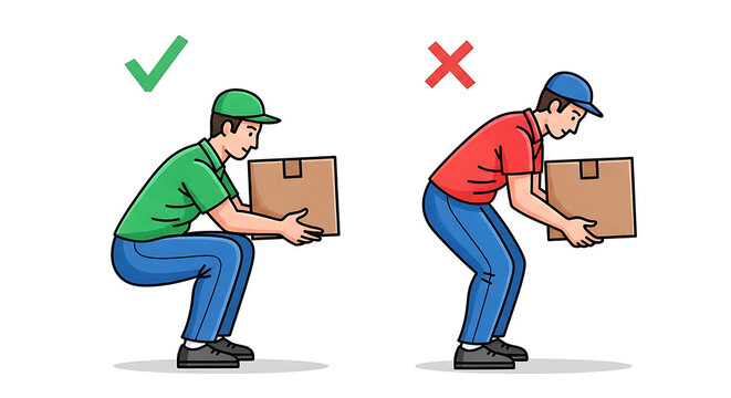 Proper Lifting Techniques Illustrated with Correct and Incorrect Posture