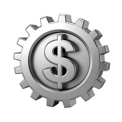 3D render Silver cogwheel encasing a dollar sign, isolated against a dark backdrop