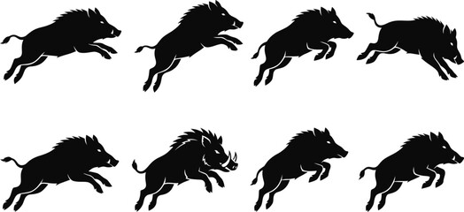 Obraz premium Jumping Wild Boar Silhouette Vector Set – Leaping Hog Poses, Black Cutout Clipart Collection
