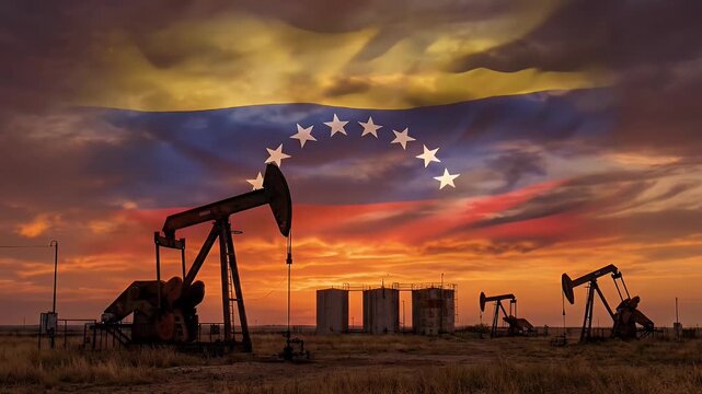 Venezuelan Oil Industry Pumpjacks Operating at Sunset.