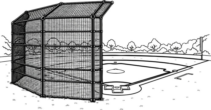 A baseball batting cage stands beside a baseball field with trees in the background