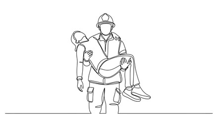 Firefighter Rescues Victim Line Art Illustration