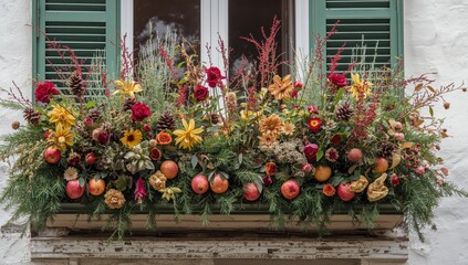 Balcony display of diverse fall and winter blooms, apples, and pine cones