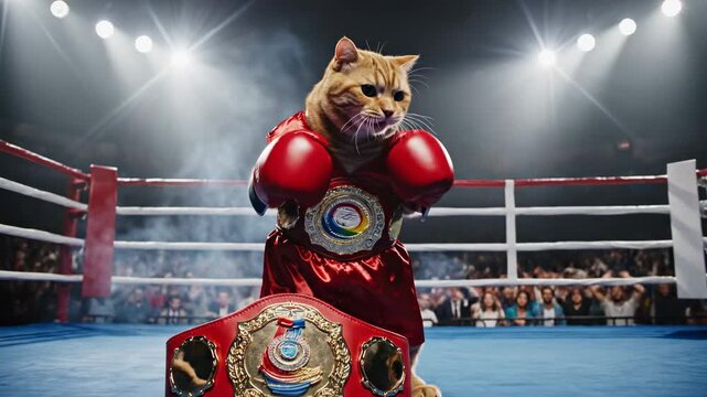 Orange Tabby Cat Boxer Stands Proudly In Boxing Ring Wearing Championship Belt and Red Gloves