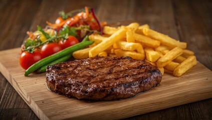 Beef steak with fries and fresh veggies on a wooden table