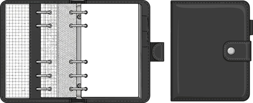 A black binder notebook lies open next to its closed cover