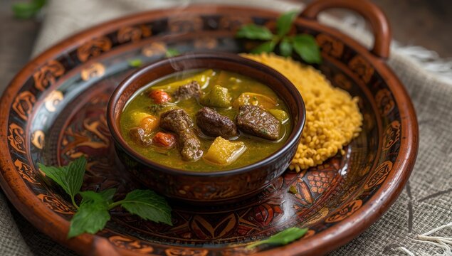 Beef Afang soup with vegetables served with garri on a ceramic tray