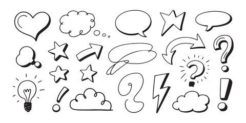 Naklejka premium Collection of hand drawn doodle shapes including arrows hearts stars and thoughts on white