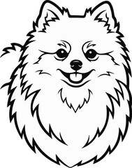 A black and white outline drawing of a fluffy dog's happy face