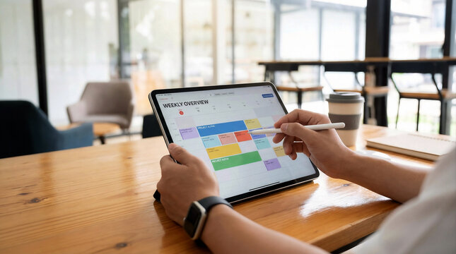 Weekly schedule planning on tablet with digital calendar in modern office