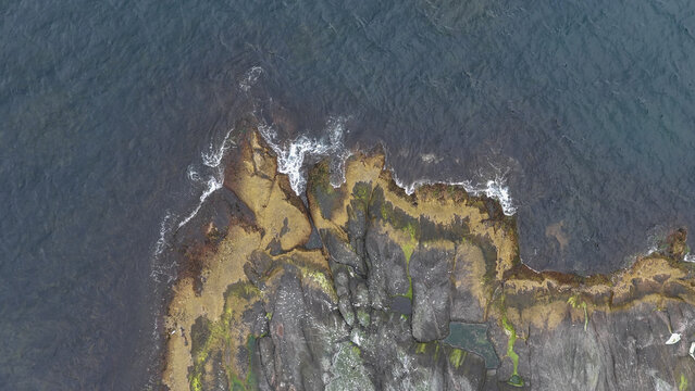 Aerial, top down view, bird view, above husoy island. Rocky coastline with small waves Small island, some algae growing. Some seagulls flying below.