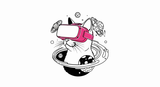A cat wearing a VR headset floats through space surrounded by planets and stars