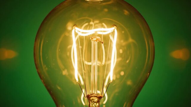 A close-up shot captures an illuminated incandescent light bulb glowing warmly against a solid green background, emphasizing its internal filament and classic design.