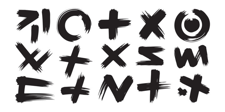 Brush stroke style symbols collection including crosses circles and abstract shapes for design