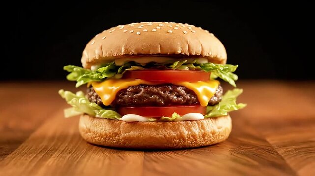 Watch a delicious cheeseburger assemble itself perfectly. This mouth-watering fast food item features fresh ingredients, a juicy patty, and melted cheese.