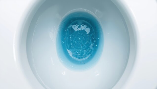 Bird's-eye view of toilet with blue cleaner being flushed