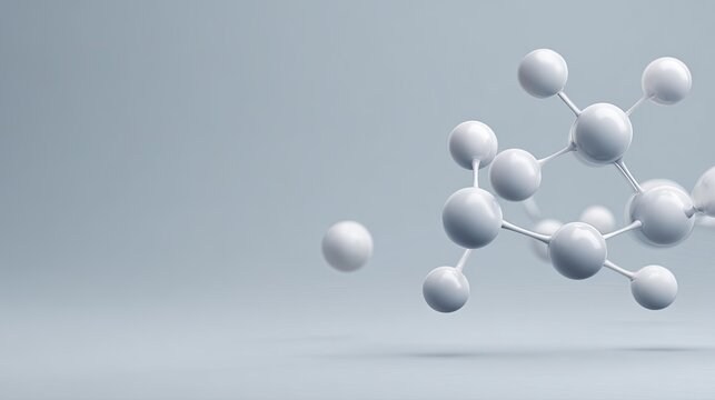 Three-dimensional molecular structure illustration with white spheres and connecting lines on a soft gray background for scientific and educational use