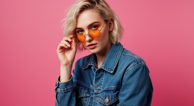 Trendy young woman with short blonde hair and bold orange sunglasses, wearing a denim jacket against a pink background.