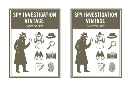 Spy Investigation Vintage Trench-Coat Fedora Magnifying-Glass Detective-Elements Spy-Gear Mystery-Investigation Private-Eye Vintage-Detective Vector Set - Spy Detective