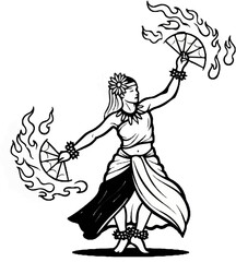 Obraz premium A dancer performs a fiery fan dance, adorned with flowers and jewelry