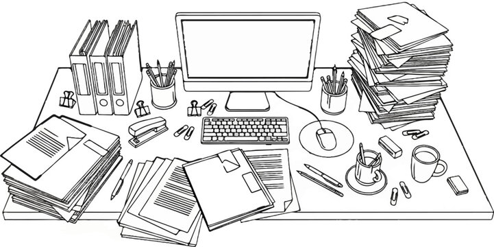 A cluttered desk with a computer, stacks of papers, folders, and office supplies