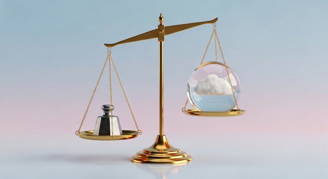 Conceptual Golden Balance Scale Comparing Heavy Physical Weight against Light Cloud Computing Storage Symbol