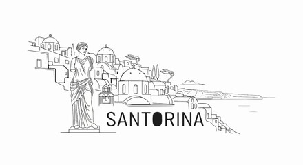 Obraz premium A black and white sketch of a Greek island village with a classical statue