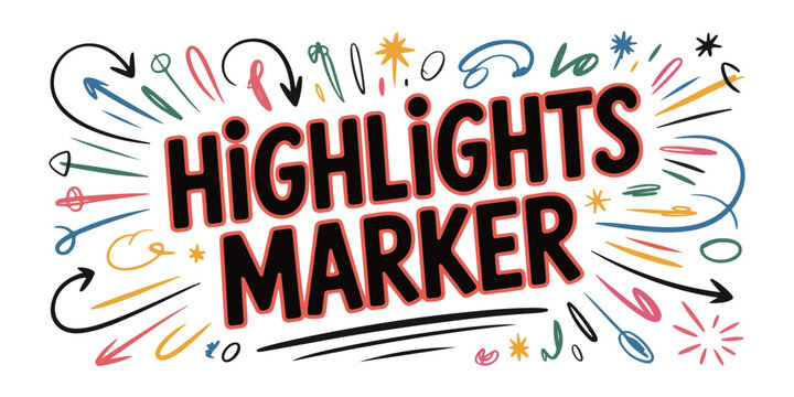 Colorful doodle highlight marker elements with creative arrows and text decoration on white background today