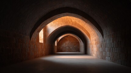 Fototapeta premium Serene Archway Interior in Ancient Stone Hall with Warm Lighting and Shadows Creating an Inviting Atmosphere for Architectural Enthusiasts