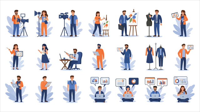 Flat vector bundle of diverse people scenes. Men and women in different activities and scenarios for concept illustrations.
