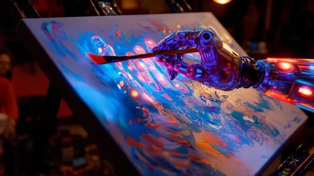 Fusion of AI and human creativity with a glowing mechanical hand painting on a canvas in an artistic studio at night