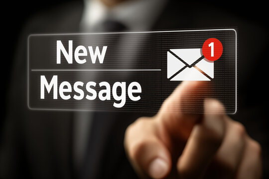 A businessman's hand presses the email notification icon with new message text on a digital interface, symbolizing instant communication, customer support, and online business messaging.