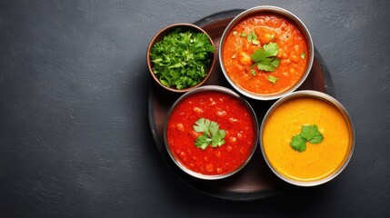 Three Varieties of Indian Sauces on a Dark Platter with Fresh Herbs, Warm Colors, and Rich Textures for Culinary Inspiration and Enjoyment
