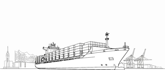 Fototapeta premium A cargo ship is docked at a port with cranes and buildings in the background