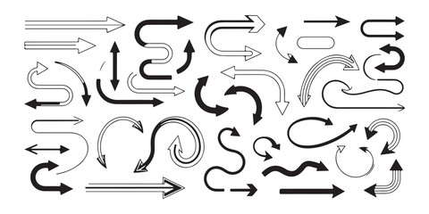 A large collection of black arrows with various shapes and styles isolated on a white background vector art