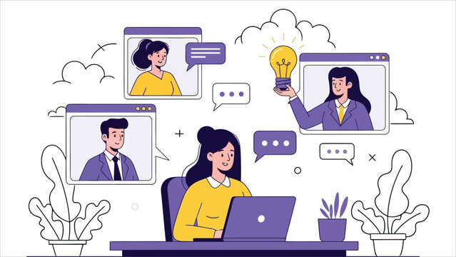 Vector illustration of remote video call. Supervisor and employee interact online in flat cartoon style with purple accents