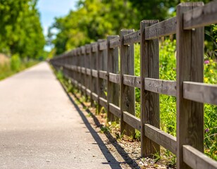 Obraz premium Wooden Fence Along a Path - A Sunny Day Perspective.