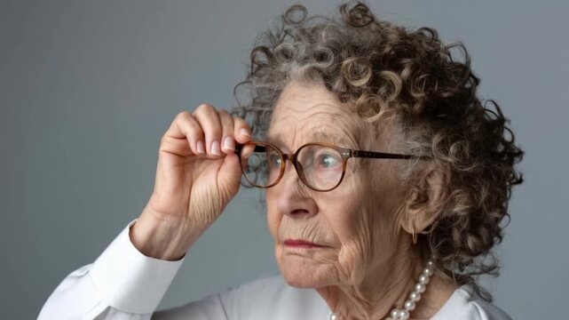 A thoughtful senior woman gazes into the distance. Her curly hair and glasses create a unique character. Emotions are evident in her expression. Generative AI
