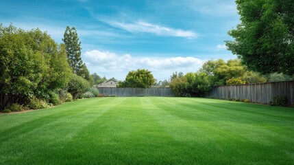 Fototapeta premium Expansive Green Lawn Under Blue Sky with Soft Clouds, Surrounded by Trees and Fencing, Ideal for Relaxation or Outdoor Activities