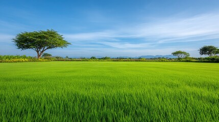 Lush Green Rice Field Under Clear Blue Sky with Single Tree and Distant Mountains in Background, Perfect for Nature and Agriculture Themes