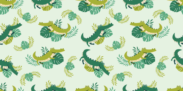 Seamless crocodile pattern featuring playful green crocodiles combined with tropical jungle leaves on a soft background