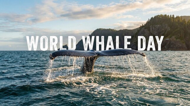 Ocean Scene with Whale Tail Splash and &ldquo;World Whale Day&rdquo; Text