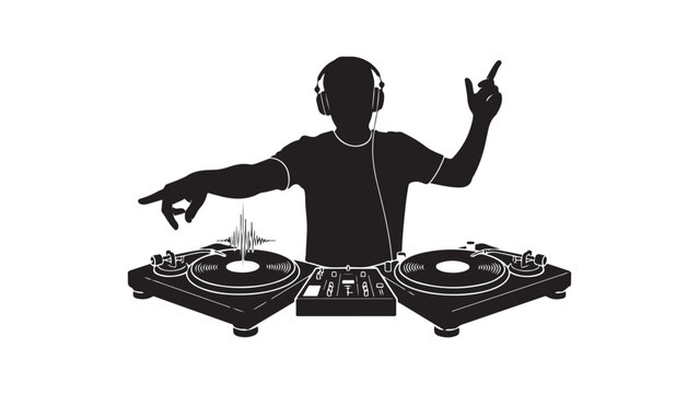 Silhouette of dj with headphones and turntables