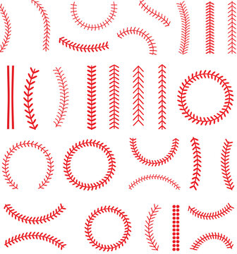 Red stitches of baseball stitch, red stitch or stitching of the baseball, red lace seam sign, flat style for ranked sports graphics, baseball illustrations, game equipment visuals, team branding, 